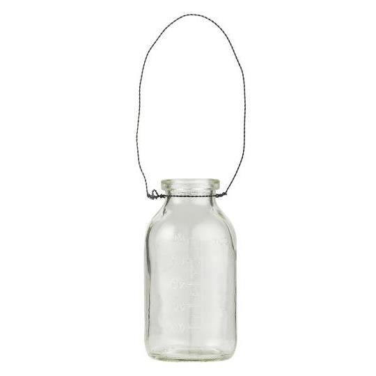 Søt dekorflaske med ståltråd for opphenging. Flasken måler H: 9,7 Ø: 4,7cm, og er ikke egnet for matoppbevaring. 