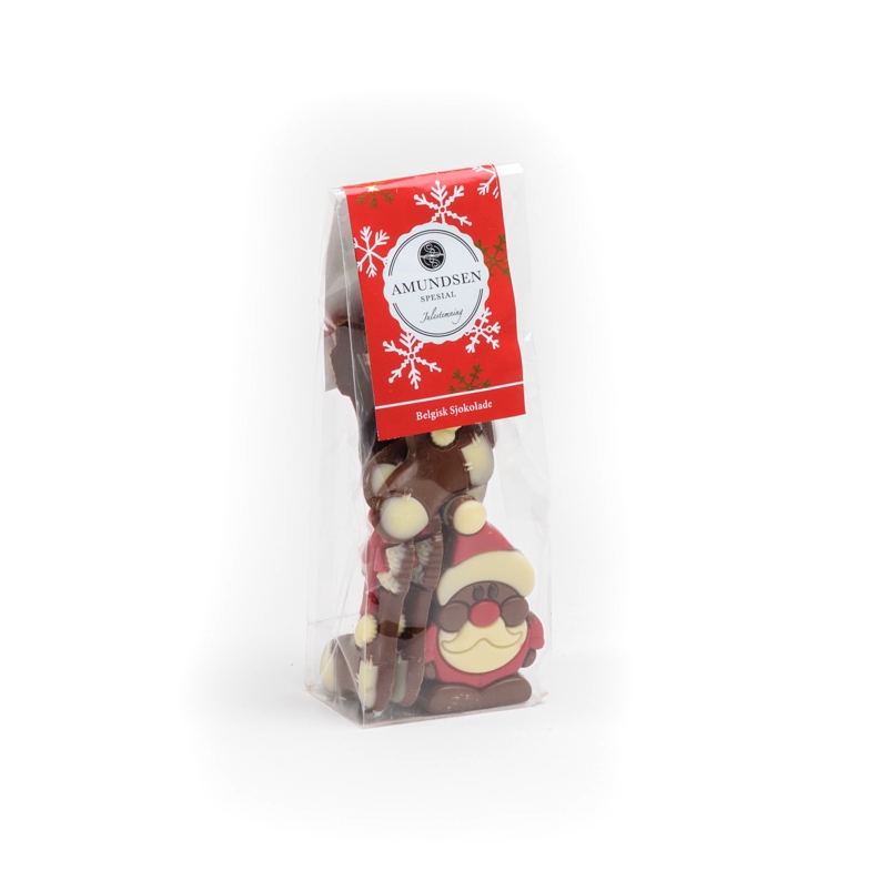 Deilig belgisk sjokolade formet som nisser og strømper. Perfekt gave til advenstkalender eller til julestrømpen.