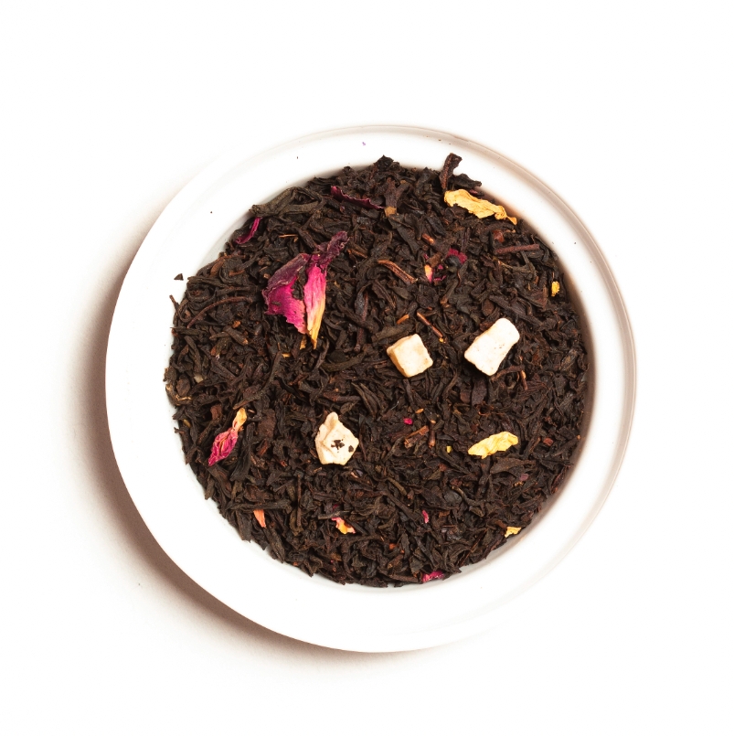 Svart te fra Sri Lanka og Kina smaksatt med bergamott og tilsatt mango, hibiskus, rose, blå malva og solsikke.
Trakteanvisning svart te: Dosering 15 – 18 gr pr liter, temperatur 95 – 100°C i 4-5 min.

