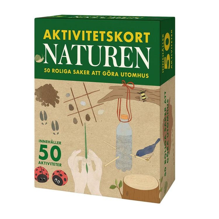 Lag en fuglemater eller blås på gresstrå. I denne boksen er det 50 morsomme ting du kan gjøre i naturen. OBS: Teksten er på svensk.
