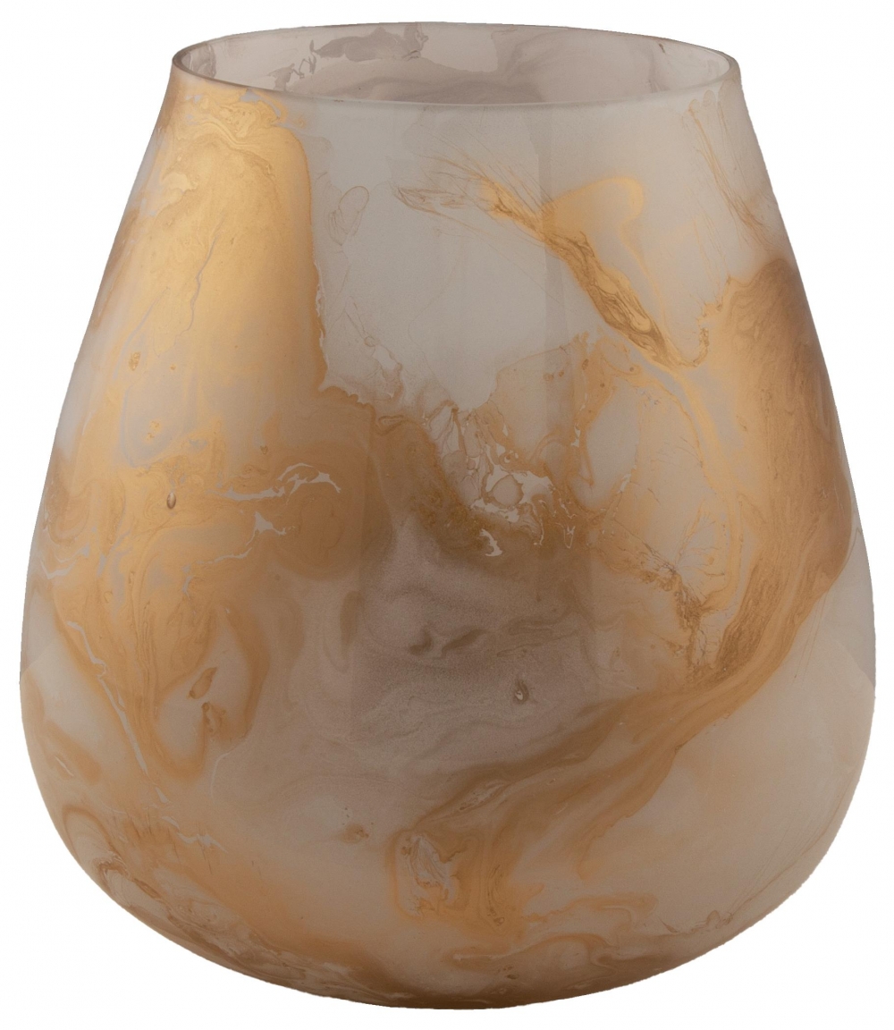 Flott lysglass i et marmorert vakkert mønster. Kan også brukes som vase. Måler 18x18cm.