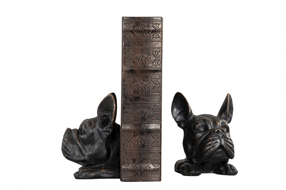 Bokstøtte utformet som en bulldog. Sett av 2 stk. Bokstøtten måler 21x12x14,5cm.