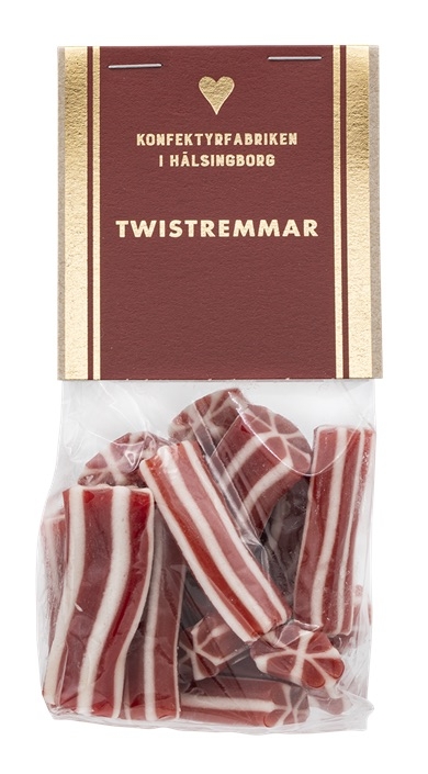 Herlig godteri av søt, rød lakris med hvite søte striper. En svensk klassiker. 