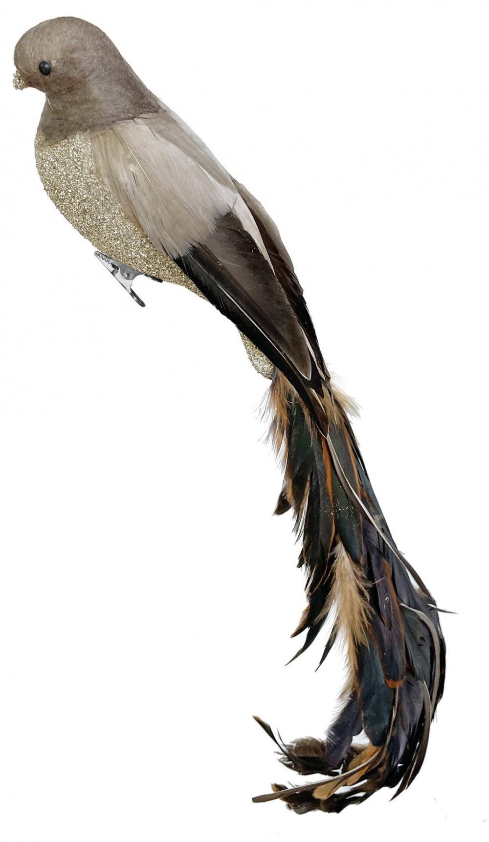 Dekorativ fugl med fjær på klype.
Farger: Grå/glitter/brun
Selges en og en.
Mål: 47cm