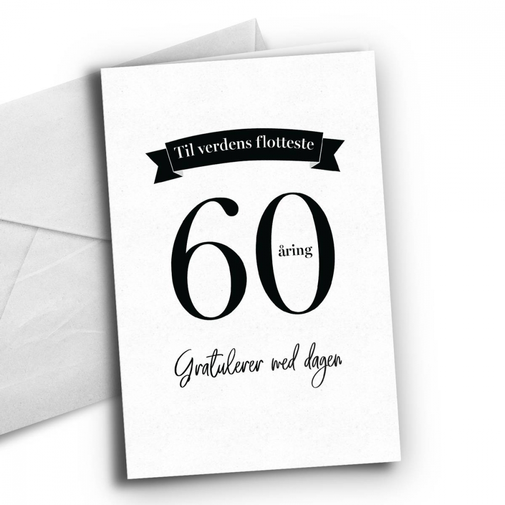 Bursdagskort til 60åringen!

Kortet er dobbelt med hvit innside. Format: 10 X 15 cm. Hvit konvolutt inkludert. 