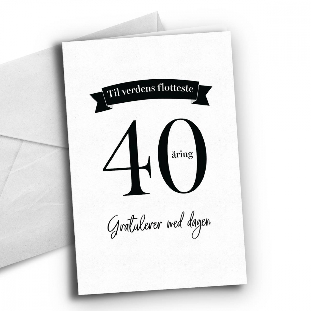 Bursdagskort til 40åringen!

Kortet er dobbelt med hvit innside. Format: 10 X 15 cm. Hvit konvolutt inkludert. 