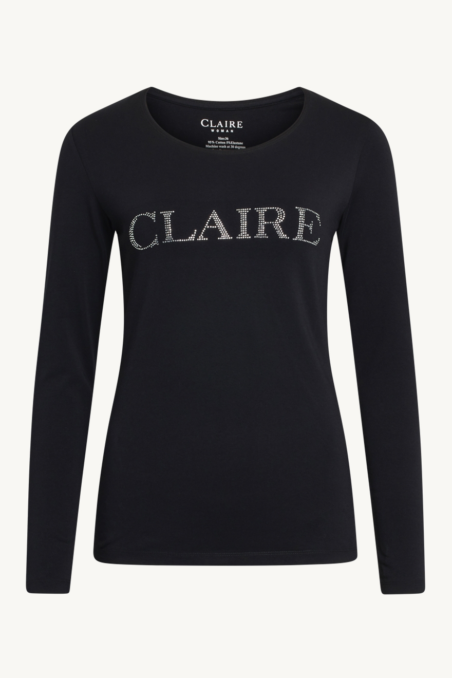 Langermet T-skjorte i elastisk jersey med Claire-logo i strass på brystet. Dette produktet er laget av 95 % økologisk bomull.