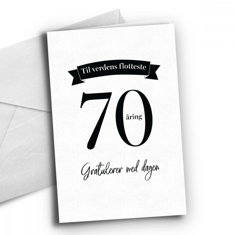 Bursdagskort til 70åringen!

Kortet er dobbelt med hvit innside. Format: 10 X 15 cm. Hvit konvolutt inkludert. 