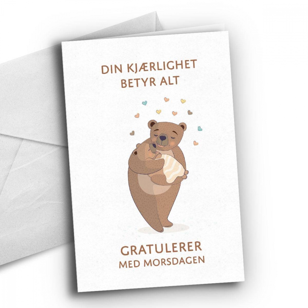 Koselig morsdagskort med mammabjørn 

Kortet er dobbelt med hvit innside. Format: 10 X 15 cm. Hvit konvolutt inkludert.

Illustrasjon: Vibeke Høie / vibekehoie.no