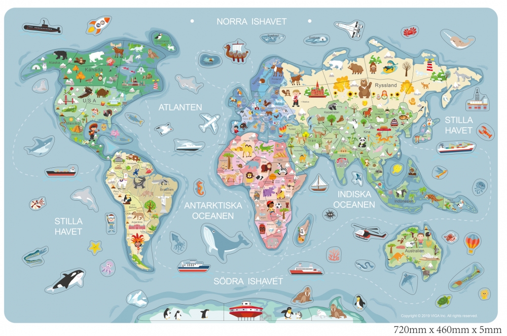 Dette morsomme og dekorative verdenskartet er laget i tre. Magneter for lek og pussel følger med. Lek og lær! Oppdag verden, havet, verdensdeler og dyrene som går på vår planet. Snur man på kartet finnes det et whiteboard til å skrive på. 